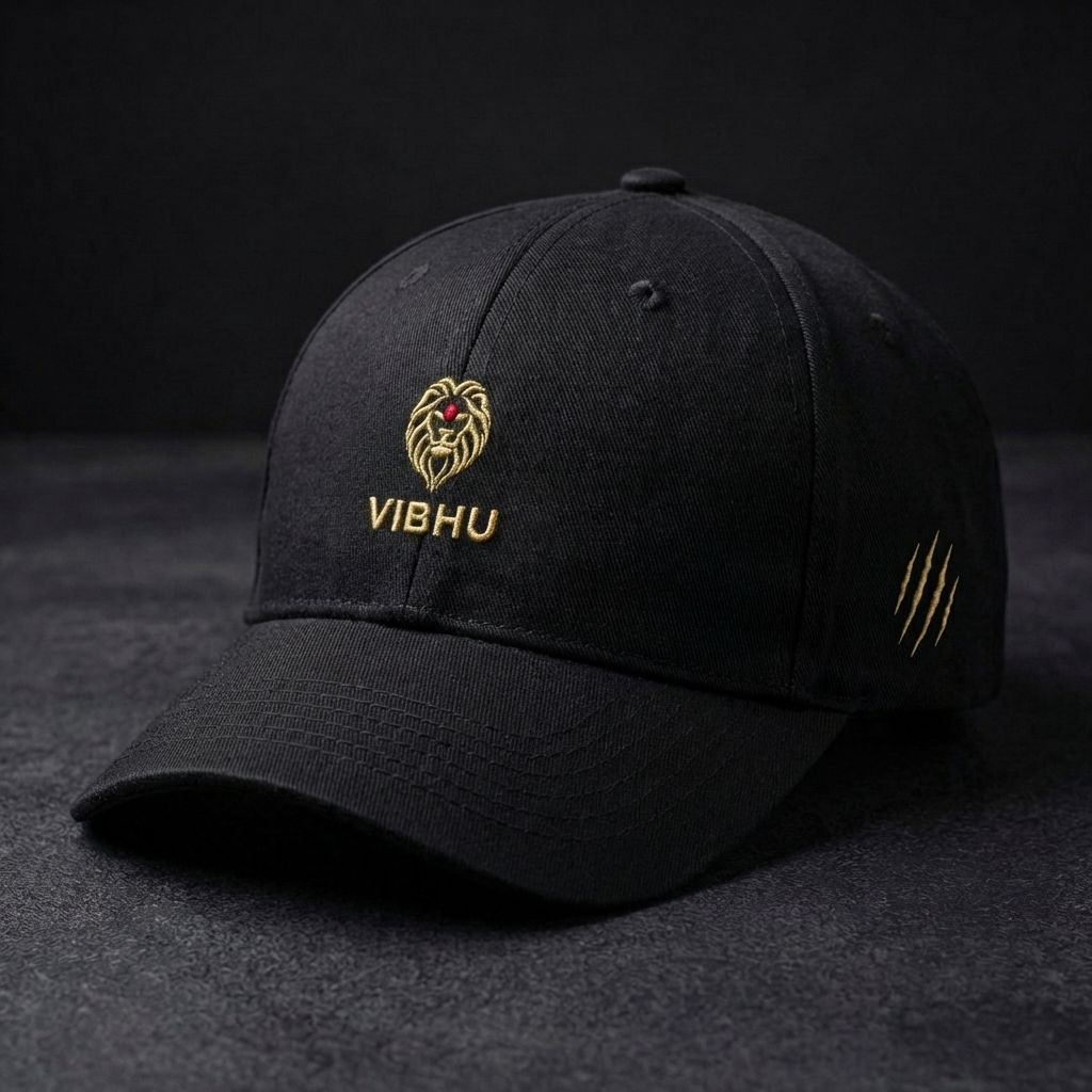 Casquette coton bio certifié GOTS SIMHA ROYAL noire — broderie lion dorée 3D fil or VIBHU, photo produit