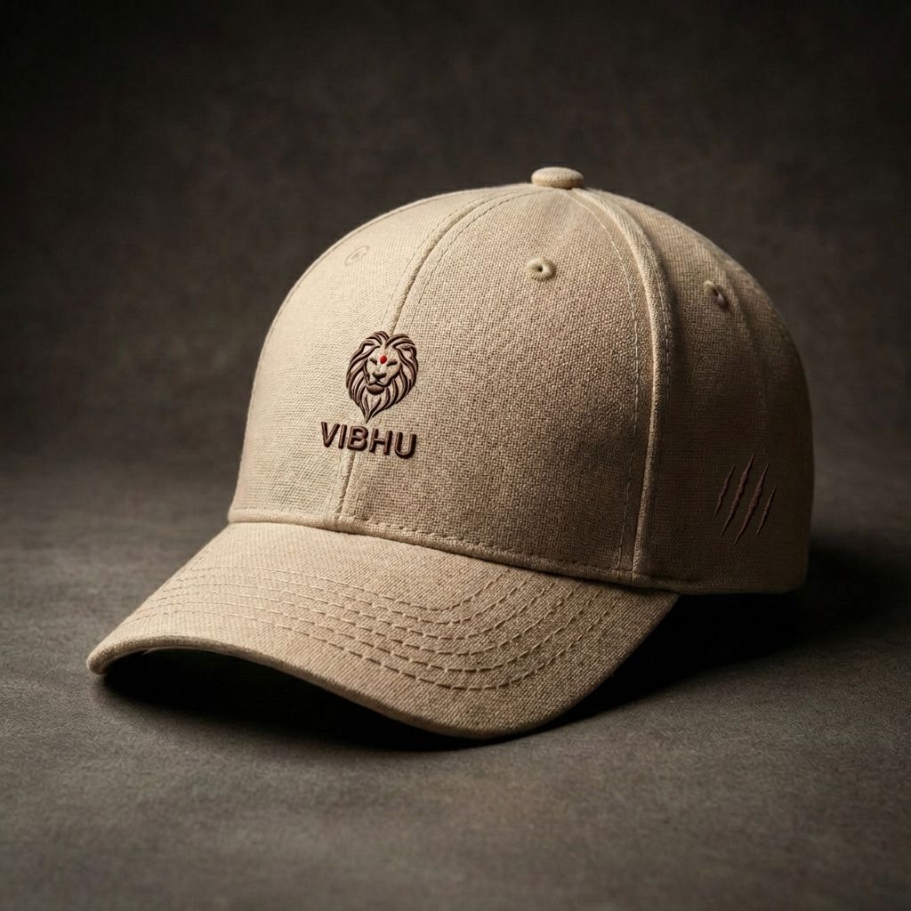 Casquette chanvre bio certifiée GOTS SIMHA TERRA beige — vue de face, broderie lion bindi rouge — VIBHU